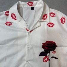 SHEIN Rose Kiss Button Down Shirt Men XL White Red Excellent Long Sleeve Graphic picture