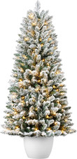 Prelit Potted Flocked Pencil Christmas Tree, 4.5Ft Artificial Lighted Holiday Dé picture