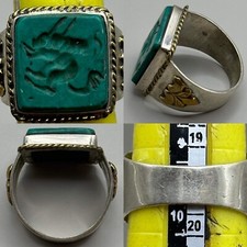 UNIQUE ANTIQUE NEAR EASTERN TURQUOISE STONE INTAGLIO ROMAN SOLID SILVER RING picture