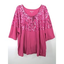 Roaman's Pink Sequin Sunburst Pullover Blouse Women 2X 26/28 Short Sleeve Sparkl picture