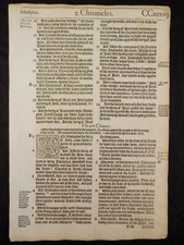1572 BISHOPS BIBLE LEAF PAGE * 2nd CHRONICLES 18:22-20:22 * JEHOSAPHAT * VGC COA picture