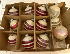 Vintage Lot of 12 SHINY BRITE Glass PINK Sugared Striped Round Ball Ornaments picture