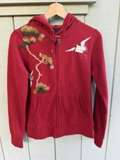 Vtg Lucky Brand Hoodie Full Zip Women M Red Y2K Asian Swan Floral embroidered picture