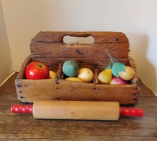 19th Century Primitive Treen Hand Made Pine Wood Caddy w/Carrying Handle picture
