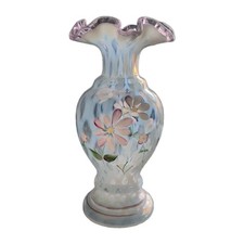 Fenton Opalescent Diamond Lattice Floral Vase Ruffled Swirl Hand Painted 8 1/2” picture