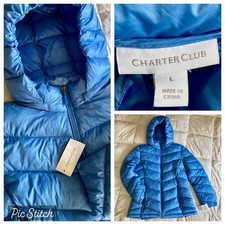 NWT Charter Club Packable Zip Hood Puffer Jacket Coat Womens L Pacific Blue Poly picture