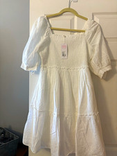 Lilly Pulitzer White Smocked Square Neck Puff Sleeve Fit & Flare Dress L picture
