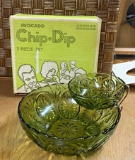 Anchor Hocking Avocado Green Chip & Dip 3-Piece Glass Set w/ Brass Holder picture