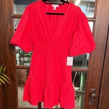 Japna Women Pink Cotton Puff Sleeve Smocked Waist Tiered Mini Dress 21520S L NEW picture