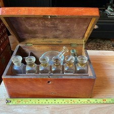 Antique Wooden Apothecary Or Doctor Medicine Chest Labeled Bottles Mortar Pestle picture
