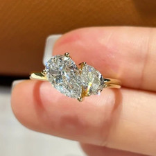 IGI 2.20Ct PEAR Cut VS1 Lab Grown Diamond Two Stone Bridal Ring 14K Yellow Gold picture