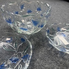 Vintage Mikasa Bluebells Crystal Glass Set Serving Bowl  Plates Blue Tulip Motif picture