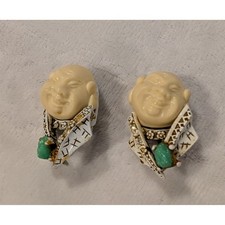 Vintage HAR Laughing Buddha Clip On Earrings Enamel Rhinestone Chinoiserie Hotei picture