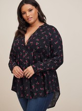 Torrid Top 1X Black Blouse Floral Emma Babydoll Crinkle Gauze Long Sleeve Tunic picture