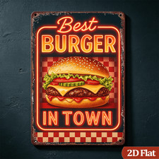 Vintage Metal Sign Best Burger In Town Retro Diner Food Rustic Wall Decoration picture