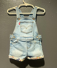 Levi’s Baby Girl Denim Shortalls Overalls 12M Floral Cuff Light Wash picture