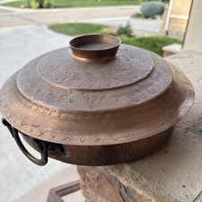 Antique Middle Eastern Heavy Hand-Hammered Copper Pan & Inscribed Lid Set – 12