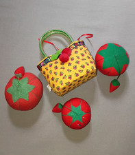 Vintage Cherry Print Mary Engelbreit Pincushion Handbag + Tomato Cushions picture