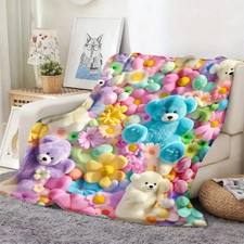 `Cute Teddy Bear Floral Throw Blanket Soft Cozy Plush Home Gift` picture
