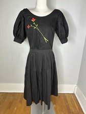 Vintage 50s Cotton Rose Embroidered Puff Sleeve Blouse And Skirt Rockabilly picture