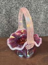Vintage Fenton Opalescent Pink Iridescent Mini Glass Basket Crimped Rim (RARE) picture