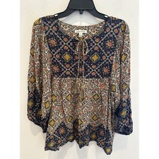 John Paul Richard Boho Floral Patchwork Tassel Peasant Blouse Navy L cottagecore picture