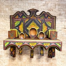 Large Mexican Folk Art Hand Carved Wooden Utensil Rack with Hand Painted Details picture