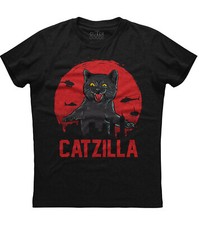 Catzilla Funny Cat Printed Mens Short Sleeve New Cotton Black T-shirt picture