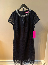 NWT Betsey Johnson Black Lace Pencil Dress Beaded Bow Short Sleeve Size 14 picture
