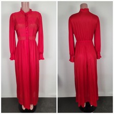 Vintage 70s Gilead Red Satin Lace Nylon Robe Pocket Women's Size Medium picture