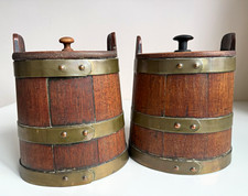 Pair Antique Oval Wood Oak English Brass Banded Caddy Tobacco Jar Biscuit Barrel picture