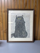 Original Black Cat Folk Art Drawing Framed 18 × 22 Yellow Eyes Outsider Art picture