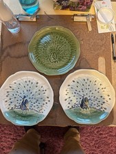 THREE Vintage Antique 19th Century French Choosy Le Roi Majolica Peacock Plate picture