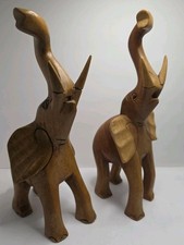 Vintage Hand Carved Wooden Elephant Statues Matched Pair Raised Trunk Lucky Read picture