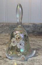 Fenton White Iridescent Ruffle Bell  Floral Hand Painted Signed 95 Yrs Sticker picture