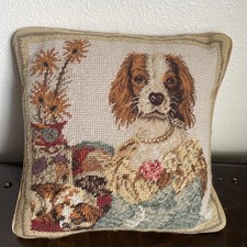 Vintage HTF 12x12” Cavalier King Charles Spaniel Dog Petit Needlepoint Pillow picture