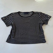 Vintage Lizsport Liz Claiborne Striped Ribbed Snap Sleeve Top Large Black Gray picture