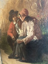 Antique 1857 European Oil Painting – Pastoral Romantic Genre Scene (Signed) picture