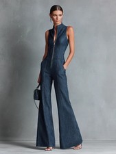 Womens Retro Denim Jumpsuit with Front Zipper picture