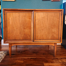 Authentic Mid Century Modern Drexel Declaration Walnut Wood Record Cabinet. AsIs picture