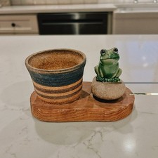 Vintage Green Frog on a Rock with Clay Pot picture