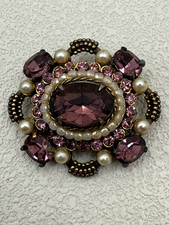 Vintage Victorian Revival Brooch Purple Pink Rhinestone Faux Pearl Gold Tone picture