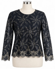 Vintage Women's Large Black Elegant Gold Metallic Blouse Classic Floral Lace picture