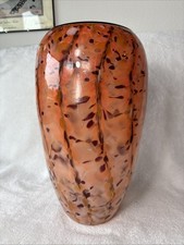 Dehanna Jones Signed 2004 Hand Blown Art Glass Vase 15” Orange Gold Black Rim picture