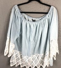 Feminine Top Womens 2X Plus Size Light Blue Lace Trim Boho Artsy NEW picture