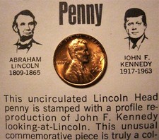 Red Unc 1964 Lincoln Kennedy Penny Astonishing Coincidences JFK Cent Card RD picture