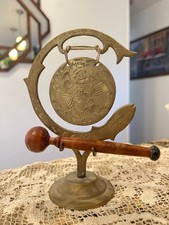 Indian Vintage Etched Brass Dinner Gong with Wood Striker  7in Tall picture