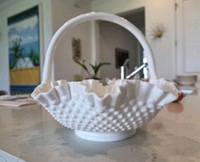 Bride's Basket Fenton Large White Hobnail Milk Glass 11.75 Inch Diameter Ruffled picture