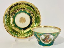 Antique Carl Knoll Carlsbad Tea Cup Saucer Royal Vienna Style Watteau Green Gold picture