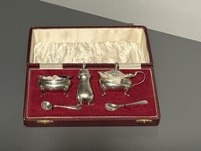 Vintage Barker Ellis Silver Cruet Set 1974 with Cobalt Inserts & Case picture